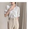 Moda Profissional Elegante Estilo Coreano Camisa de Chiffon para Mulheres 2026 Verão Novo Estilo Manga Curta Solta Casual Plissado Gola Meio Aberta Top