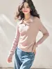 Shengdu26 Otoño Nuevo Rosa Ligero Cordón Cintura Ajustada Elegante Cuello Solapa Manga Larga Tejido Top para Mujer