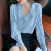 Nova Moda Coreana Estilo Primavera e Outono Versátil Elegante com Mangas Bufantes e Blusa Base Única de Chiffon de Manga Longa