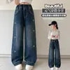 Calça Jeans Larga para Meninas, Novo Design com Laço para Primavera e Outono, Calça Casual Estilosa Infantil para o Outono