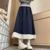 Falda Plaid Estilo Universitario Acolchada para Mujer, Estilo Delgado de Primavera y Verano, Falda Midi Talla Grande con Incrustaciones de Encaje Falda de Corte A