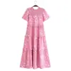Vestido de verão 2023 novo de viscose com estampa d'água elástico de nível bolo manga curta feminino atacado saia longa manga curta