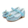 Invierno Nuevo Estilo Zapatos Azules de Princesa Elsa para Niñas con Lazo Zapatos de Cristal y Zapatos de Terciopelo de Una Sola Pieza Tacones Altos para Niños Venta al por Mayor