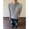 Camisa Henley Fina de Seda de Gelo Lyocell com Trança de Ponto Frio Masculina Manga Curta Malha de Linho Top Verão
