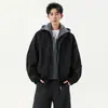 Jaqueta com capuz Enbu masculina de couro sintético, duas peças em uma, marca da moda, estilo de rua estiloso, jaqueta casual color block estilo americano para casais