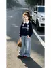 Conjunto de Primavera y Otoño para Niñas 2026 Nuevo Estilo Coreano Estilo Academia Sudadera con Cuello Polo Lazo Pantalones de Pierna Ancha de Mezclilla Dos Piezas
