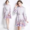 Roupa feminina europeia e americana Amazon primavera e verão novo retrô elegante saia floral gola alta manga lanterna vestido mulheres