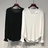 Blusa de Cor Sólida com Decote V Feminina 2024 Nova Solta com Caimento Sensação Preguiçosa Cobre Barriga Manga Longa Comprimento Médio Camisa Base para Mulheres