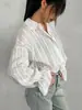 Camisa de Jacquard a Rayas de Manga Larga para Mujer, Corte Holgado, Cuello de Solapa, Mangas de Campana, Top para el Trabajo, Blanco, Estilo Primavera y Otoño