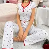 Pijama de Dos Piezas con Estampado de Amor y Cuello en V de Manga Corta para Primavera y Otoño, para Mujer, También se Puede Usar como Ropa de Casa o Exterior, Estilo Perezoso