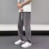 Jeans transfronterizos de cintura elástica para hombre, forrados de polar para otoño/invierno, estilo streetwear americano, pantalones casuales anchos de moda, pantalones largos de pierna recta