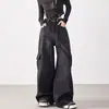 Calça jeans de trabalho preta estilo americano de perna larga para mulheres, nova coleção outono 2026, design de cintura alta estilo coreano, calça reta solta
