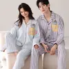 Pijama 100% Algodão para Mulheres e Casais, Outono e Inverno, Manga Longa, Calça Longa, Cardigã, Gola Lapela, Desenho Animado, Solto, Conjunto para Casa, Pode Ser Usado Fora