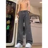 Calça jeans workwear cinza com corte oblíquo para homens e mulheres, calça de lenhador com vibe de perna reta, calça americana de perna reta da alta rua