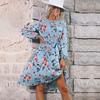 Bai Fen Zhi Yi Amazon Comercio Transfronterizo Otoño e Invierno Vestido Floral de Manga Larga Azul Cuello Redondo Falda Plisada para Mujer