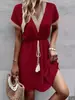 Vestido Casual de Moda Europea y Americana para Vacaciones, Viajes, con Ribete de Encaje, Patchwork, Cuello en V, Borlas, Cintura Ajustada para Mujer