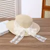 Chapéu de Palha com Tira de Renda Estilo Pastoral Laço Chapéu de Sol de Verão Moda ao Ar Livre Proteção Solar Chapéu de Sol para Mulheres Doce Chapéu de Sol