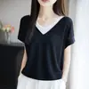Verão 2026 Novo Tricô Tencel Lyocell Gola V Manga Curta Feminino Color Block Design Solto Falso Duas Peças