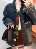 Chamarra de mezclilla lavada desgastada para mujer con flores 2025 Nuevo diseño Suelta y versátil Casual Vintage