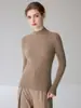 Suéter de cashmere canelado de gola semi-alta simples e elegante para mulheres, cor sólida, caimento justo, macio, suéter base de lã de manga comprida