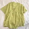 Pijama de Waffle de Algodón de Imitación Estilo Nuevo para Mujer Verano Manga Corta Holgado Casual Bordado de Sonrisa Celebridad de Internet Ropa Exterior Ropa de Casa