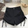 Shorts Feminino de Cintura Alta Justo com Renda nas Duas Laterais Design Novo Estilo Coreano Outono/Inverno 2022 Calça Casual Justa em Forma de A