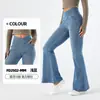 Calça Jeans Flare para Yoga de Alta Elasticidade Cruzada na Cintura, Emagrecimento e Levanta Bumbum, Calça Casual com Duplo Bolso e Efeito Desgastado