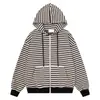 Cárdigan con capucha de rayas blancas y negras bordado, estilo coreano, casual, con cordón, corte holgado, unisex, sudadera con cremallera ins