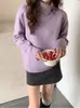 Tejido de Punto Morado Fresco Coreano para Mujer para Usar en Otoño e Invierno, Aspecto Adelgazante, Tejido de Punto Fino con Cuello Alto, Solapa Abotonada para Mujer Zdj