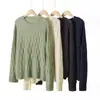 Suéter de Cashmere Feminino 100% Cashmere Puro Verde Vazado Outono e Inverno Retrô Gola Redonda Pulôver Casual Tricotado Quente