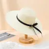 Chapéu Feminino Estilo Coreano Casual Aba Larga Cor Sólida Chapéu de Palha Chapéu de Sol com Laço Fashionável Cúpula Chapéu de Praia para Férias