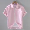 9048 Camisa de Lino de Manga Corta de Verano para Hombre Camisa Casual de Algodón y Lino con Cuello Cuadrado para Hombre Top de Lino de Color Sólido de Media Manga