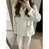 Conjunto de pijama para mujer de manga larga y pantalón largo, de algodón suave tipo anti-bolitas, se puede usar afuera como ropa casual para estar en casa. (Oro