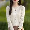 Jaqueta cardigan fina de tricô, intelectual e elegante, para mulheres, decote em V, curta, modelagem solta, suéter afina a silhueta, peça de outer wear da moda