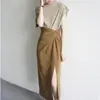 Falda de Color Mostaza Mate con Diseño Cruzado, Cintura Alta y Abertura Lateral hasta la Rodilla, Prenda Inferior de Moda para Mujer, Versátil