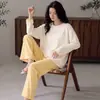 Artículo popular para transmisiones en vivo: Pijama de algodón puro para mujer para otoño e invierno, de manga larga, cuello redondo, sin botones, diseño lindo de dibujos animados, se puede usar afuera, conjunto para estar en casa