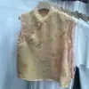 Colete de Seda-Mistura de Seda Estilo Nacional com Estampa de Borboleta para Mulheres, Estilo Modificado de Verão com Gola Mandarin Botonê e Fechamento Diagonal, Peça de Roupa sem Mangas Novo Estilo Chinês