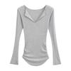 Pure Desire Spice Girl Style Horn Sleeve Brushed Top Feminino Outono e Inverno Novo Sexy Deep V Lapela Plissado Cintura Alta T-shirt Top