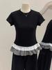 Playera Coreana de Encaje de Cuello Redondo y Manga Corta para Mujer Diseño de Verano Nicho Falso de Dos Piezas Empalmado Look Adelgazante Top