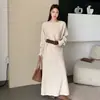 Conjunto de suéter de punto holgado de cuello redondo estilo coreano 2026 y conjunto de falda larga de dos piezas de hombros descubiertos, gris, talla única