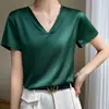 Camiseta de Manga Corta de Satén de Seda Simulada para Mujer, Nueva de Verano 2023, Holgada, Cuello en V, Color Puro, Simple, Textura Suave y Fresca
