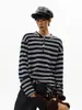 Camiseta de manga longa patchwork listrada estilo miu com botões de chifre, unissex, suéter casual tendência de outono com caimento solto, top simples