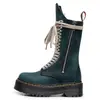 Botas de Motocicleta de Cuero Crazy Horse Marrón de Primera Capa con Suela Gruesa de 18 Ojales para Mujer 1460 Cremallera Lateral Botas Largas Piel Genuina Suela de Plataforma Lengüeta Larga