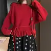 Elegante Suéter de Tricô com Mangas Morcego Franzidas para Mulheres, Estilo Coreano, Novo Design de Inverno, Cintura Marcada, Efeito Emagrecedor, Suéter Gola Redonda