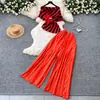 Conjunto de Duas Peças Feminino Verão Listrado Levemente Maduro Calça de Cintura Alta Plissada de Perna Larga Temperamento Afinando Irregular Conjunto para o Trabalho