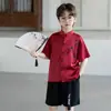 Camisa Jacquard de Cetim para Meninos, Novo Estilo Chinês, Roupa de Aniversário para Menino Florista de Manga Curta, Roupa para Apresentação e Fotografia de Apresentador para Meninos