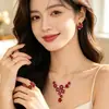 Conjunto de Cuatro Piezas de Collar, Pendientes, Anillo y Pulsera de Cristal Rojo y Azul de Alta Gama Europeo y Americano Transfronterizo con Baño de Oro Rosa para Mujer