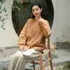 Deer & an Di Algodão e Linho Roupas Femininas 2026 Outono Novo Estilo Camisa para Mulheres Novo Estilo Chinês Simples Camisa de Ramie de Alta Qualidade