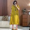 Vestido de Algodón y Lino de Manga Corta con Cuello Redondo y Bolsillo de Retazos de Color Sólido para Mujer, Verano 2025, Vestido Casual Suelto de Lino de Longitud Media