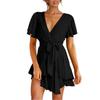 Novo Europeu e Americano Verão Feminino Comércio Exterior Sexy Decote em V Alça Cruzada Minissaia Bainha Babados Vestido
